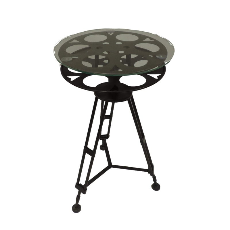 Deco 79 Metal Side End Accent Table Film Reel End Table with Tripod Legs and Glass Top, Side Table 15" x 15" x 25", Black - Image 4